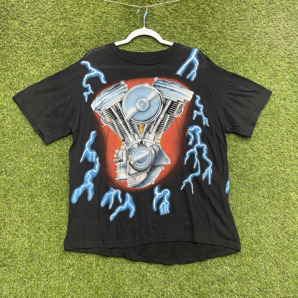 Vintage American Thunder Shirt Mens Large AOP Biker Single Stitch Thin 90s